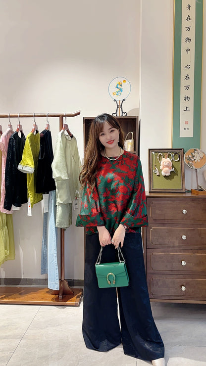 Red & Green Xiangyunsha Silk Jacquard Top – Modern Heritage Elegance by LUXE ORIENTA - Luxe Orienta CO., LIMITED