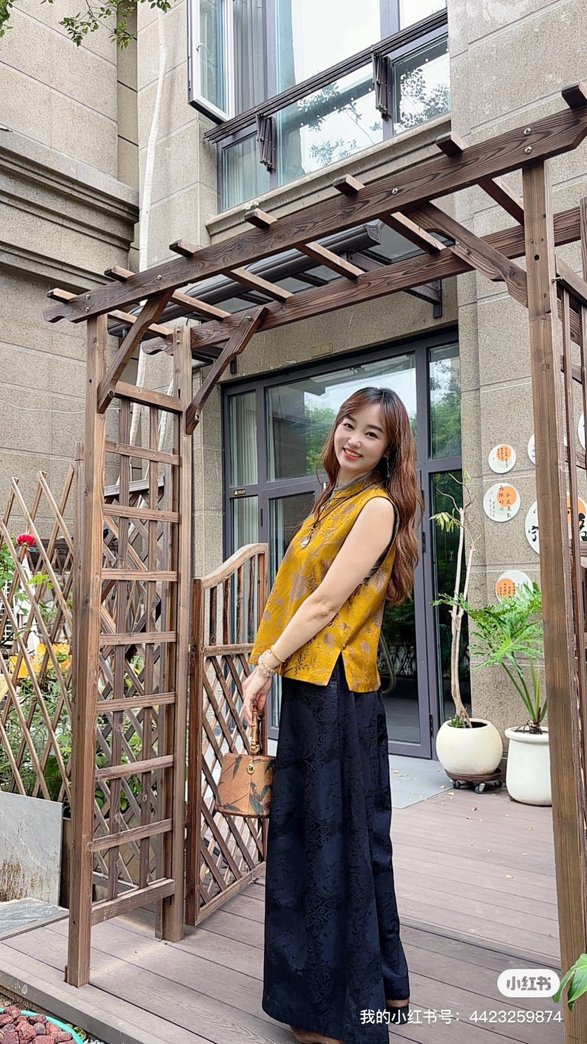 Yellow Rayon Jacquard Vest | Luxe Orienta Modern Chinese Fashion - Luxe Orienta CO., LIMITED