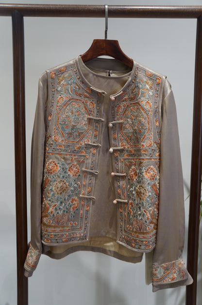 Beige Heavy Embroidery Suit Set | Modern Chinese Elegance