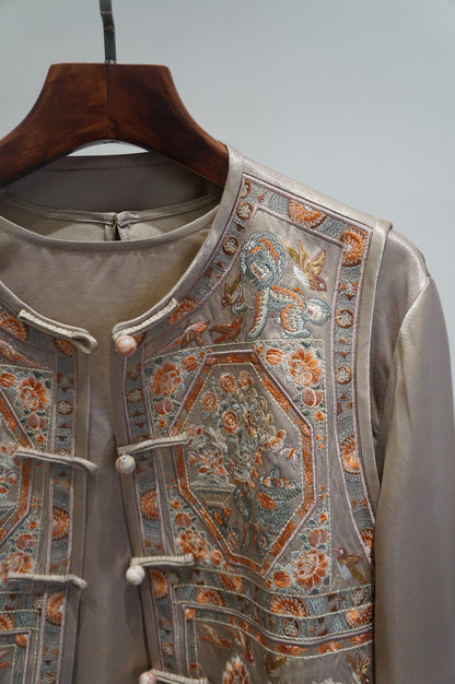 Beige Heavy Embroidery Suit Set | Modern Chinese Elegance