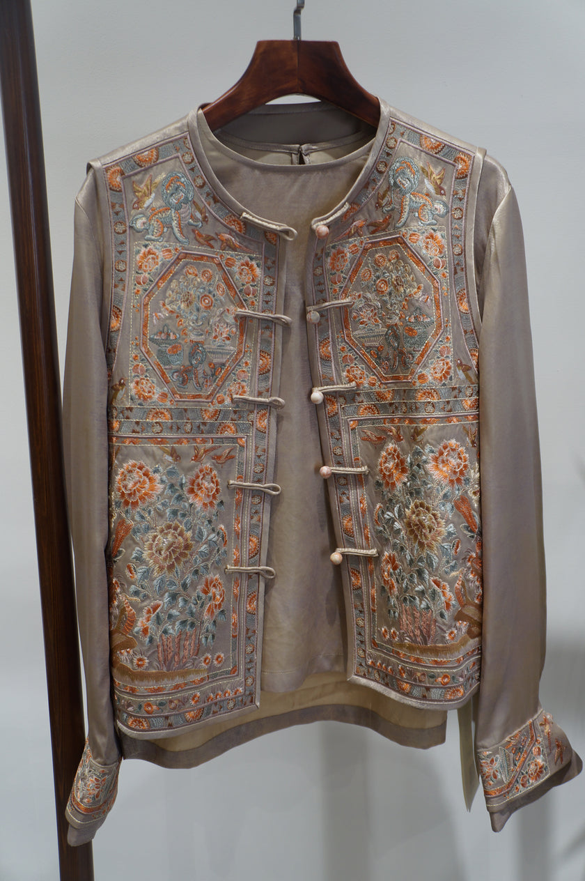 Beige Heavy Embroidery Suit Set | Modern Chinese Elegance - Luxe Orienta CO., LIMITED