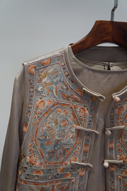 Beige Heavy Embroidery Suit Set | Modern Chinese Elegance