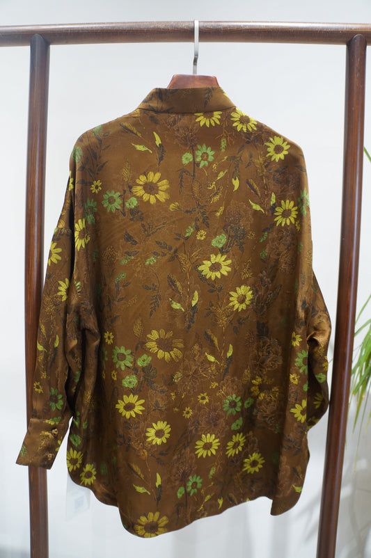 Brown Daisy Xiangyunsha Blouse | Modern Chinese Elegance
