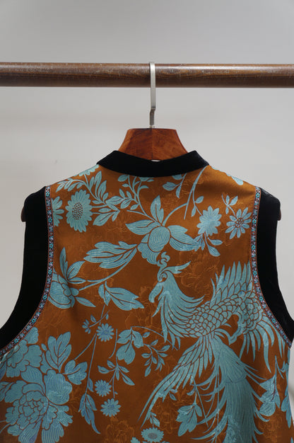 Brown Phoenix & Peony Xiangyunsha Vest | Symbolic Chinese Elegance