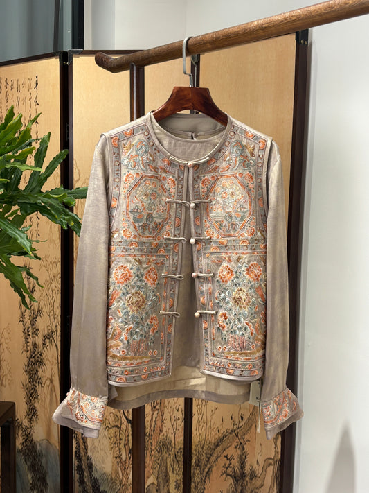 Beige Embroidered Set | Luxe Orienta Modern Chinese Fashion Ensemble