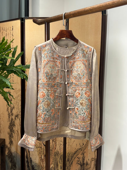 Beige Embroidered Set | Luxe Orienta Modern Chinese Fashion Ensemble - Luxe Orienta CO., LIMITED