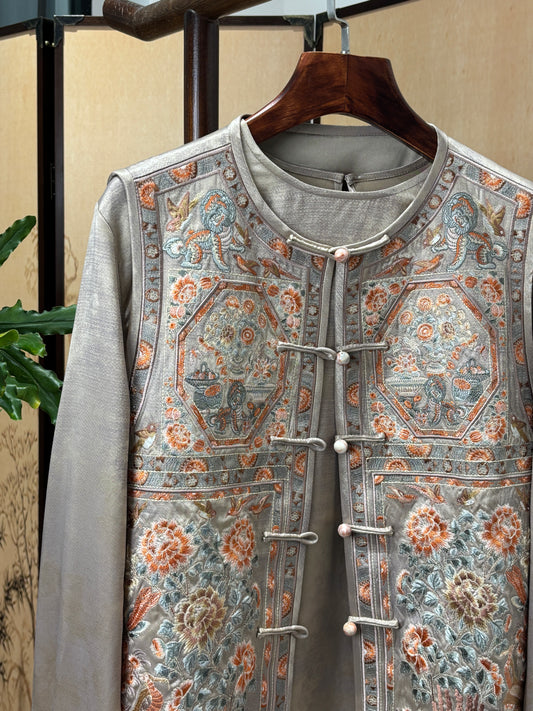 Beige Embroidered Set | Luxe Orienta Modern Chinese Fashion Ensemble