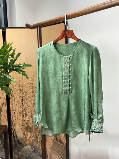 Green Silk Embroidered Blouse | Luxe Orienta Modern Chinese Top