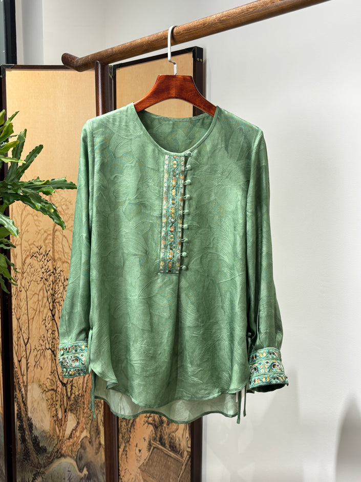 Green Silk Embroidered Blouse | Luxe Orienta Modern Chinese Top - Luxe Orienta CO., LIMITED