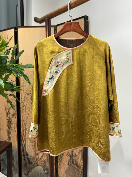 Yellow Xiangyunsha Embroidered Blouse | Luxe Orienta Modern Chinese Top - Luxe Orienta CO., LIMITED