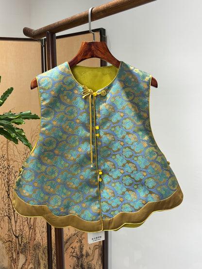 Green Mulberry Silk Shu Brocade Reversible Vest | Luxe Orienta