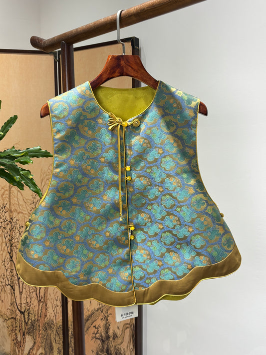 Green Mulberry Silk Shu Brocade Reversible Vest | Luxe Orienta