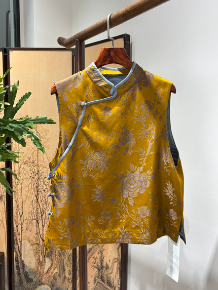 Yellow Rayon Jacquard Vest | Luxe Orienta Modern Chinese Fashion - Luxe Orienta CO., LIMITED