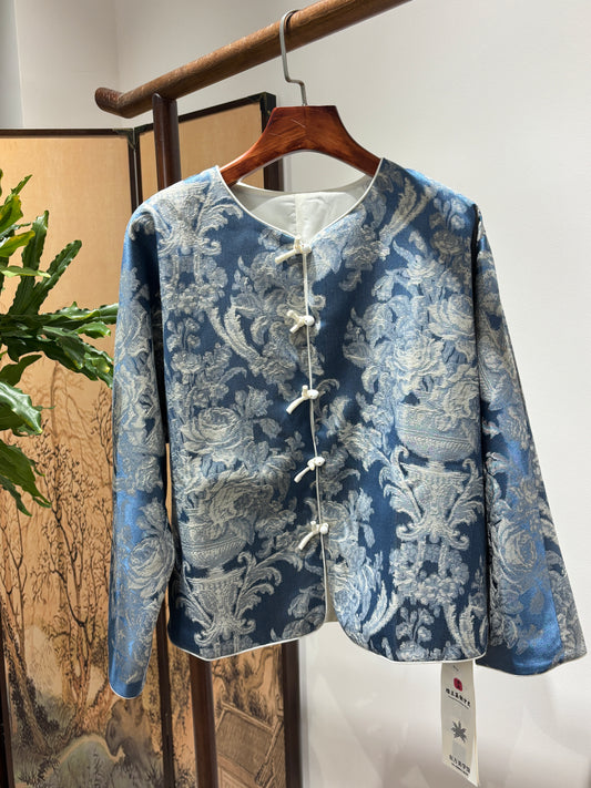 Blue Rayon Jacquard Jacket – Contemporary Elegance with Cultural Flair