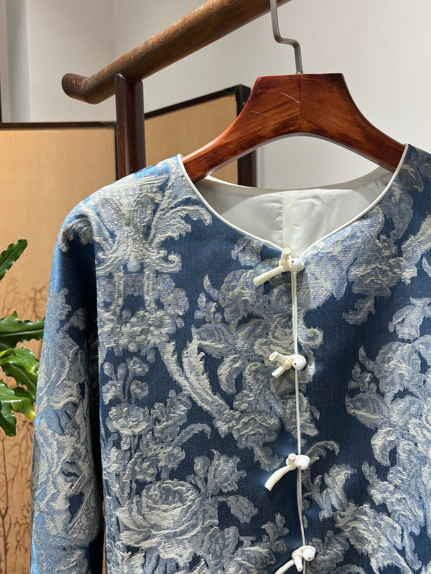 Blue Rayon Jacquard Jacket – Contemporary Elegance with Cultural Flair - Luxe Orienta CO., LIMITED