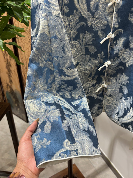Blue Rayon Jacquard Jacket – Contemporary Elegance with Cultural Flair