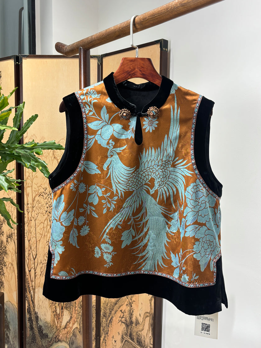 Brown Phoenix & Peony Xiangyunsha Vest | Symbolic Chinese Elegance - Luxe Orienta CO., LIMITED