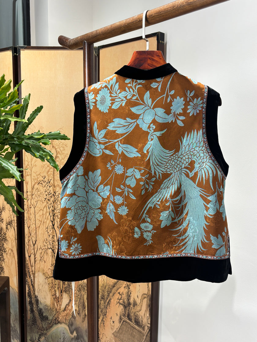 Brown Phoenix & Peony Xiangyunsha Vest | Symbolic Chinese Elegance - Luxe Orienta CO., LIMITED