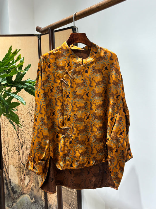 Brown Tiger & Five Poisons Xiangyunsha Blouse | Bold Chinese Heritage