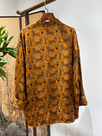 Brown Tiger & Five Poisons Xiangyunsha Blouse | Bold Chinese Heritage