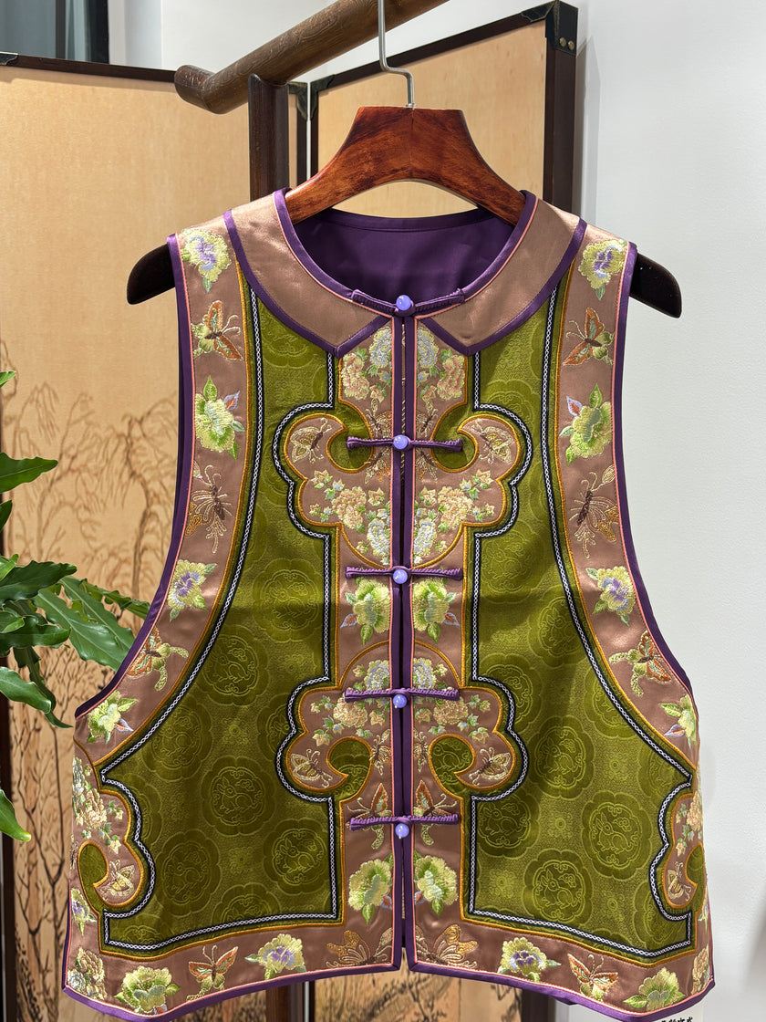 Green Heritage Xiangyunsha Embroidered Vest | Luxe Orienta Modern Chinese Luxury Vest - Luxe Orienta CO., LIMITED