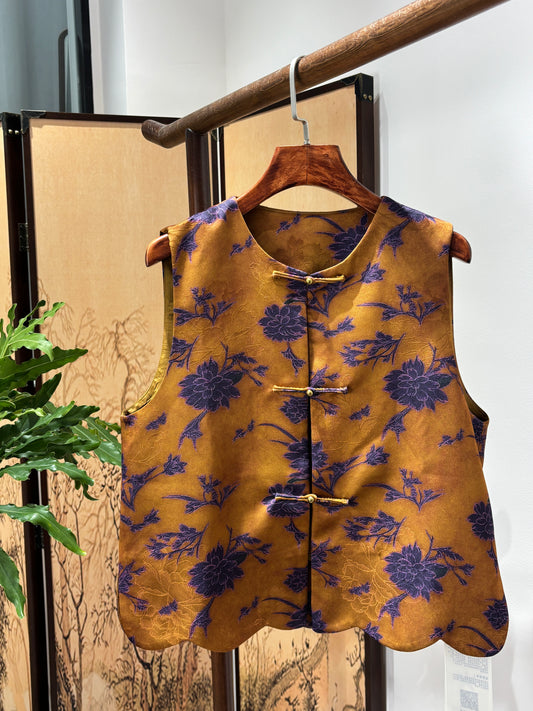 Brown Rayon Jacquard Vest | Luxe Orienta Modern Chinese Vest