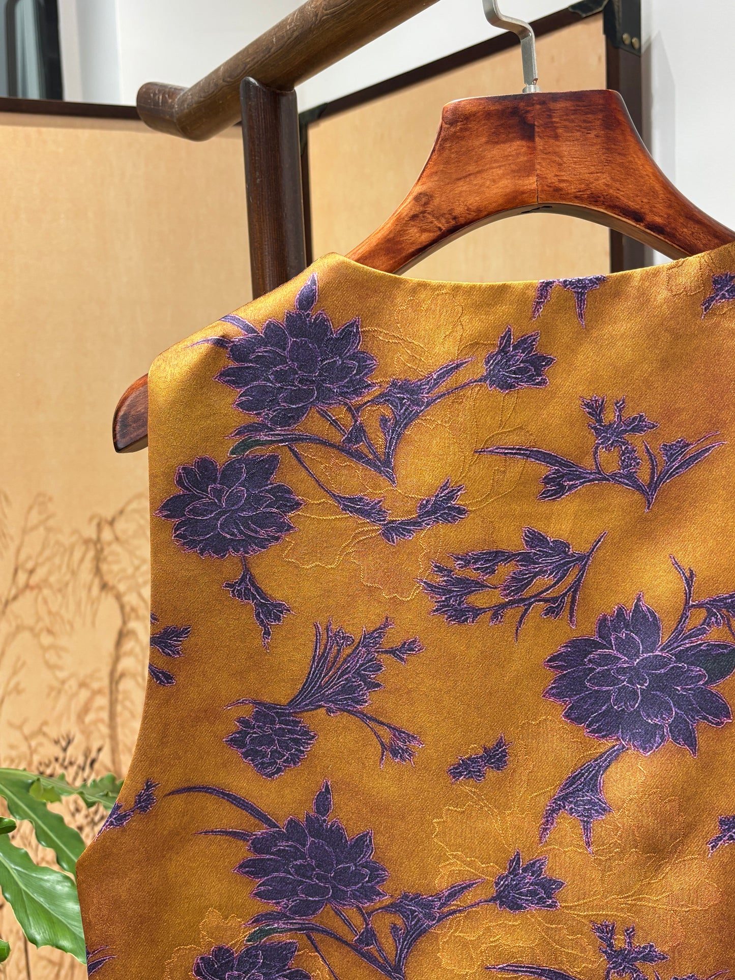 Brown Rayon Jacquard Vest | Luxe Orienta Modern Chinese Vest