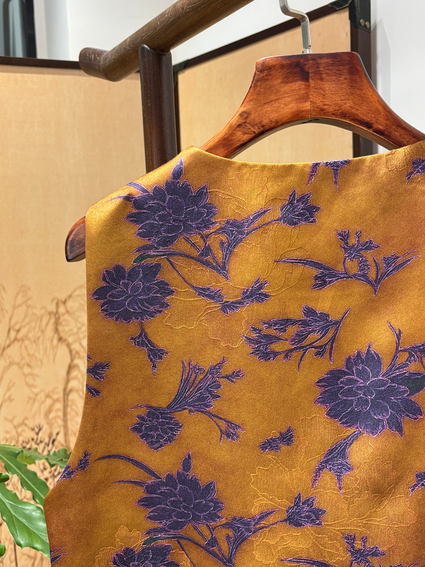 Brown Rayon Jacquard Vest | Luxe Orienta Modern Chinese Vest - Luxe Orienta CO., LIMITED