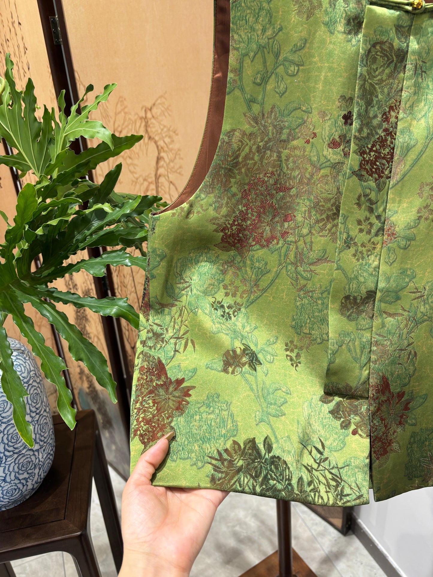 Green Rayon Jacquard Vest | Luxe Orienta Modern Chinese Luxury Vest