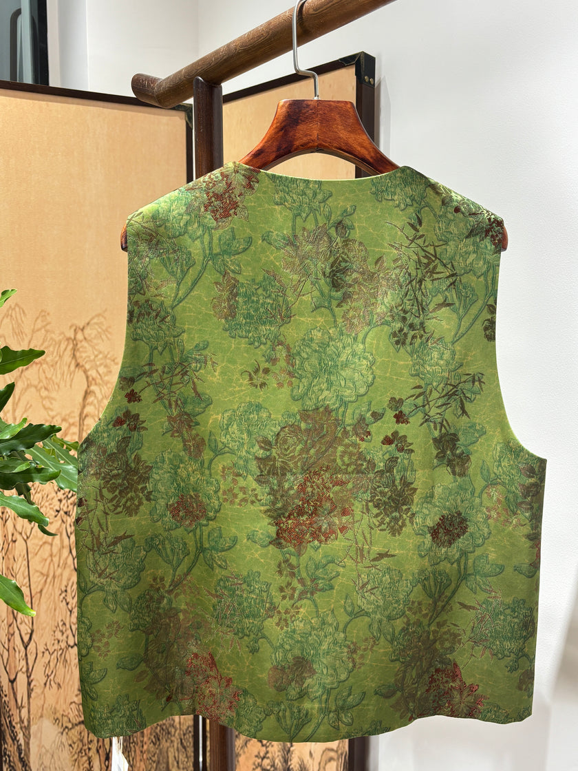 Green Rayon Jacquard Vest | Luxe Orienta Modern Chinese Luxury Vest - Luxe Orienta CO., LIMITED