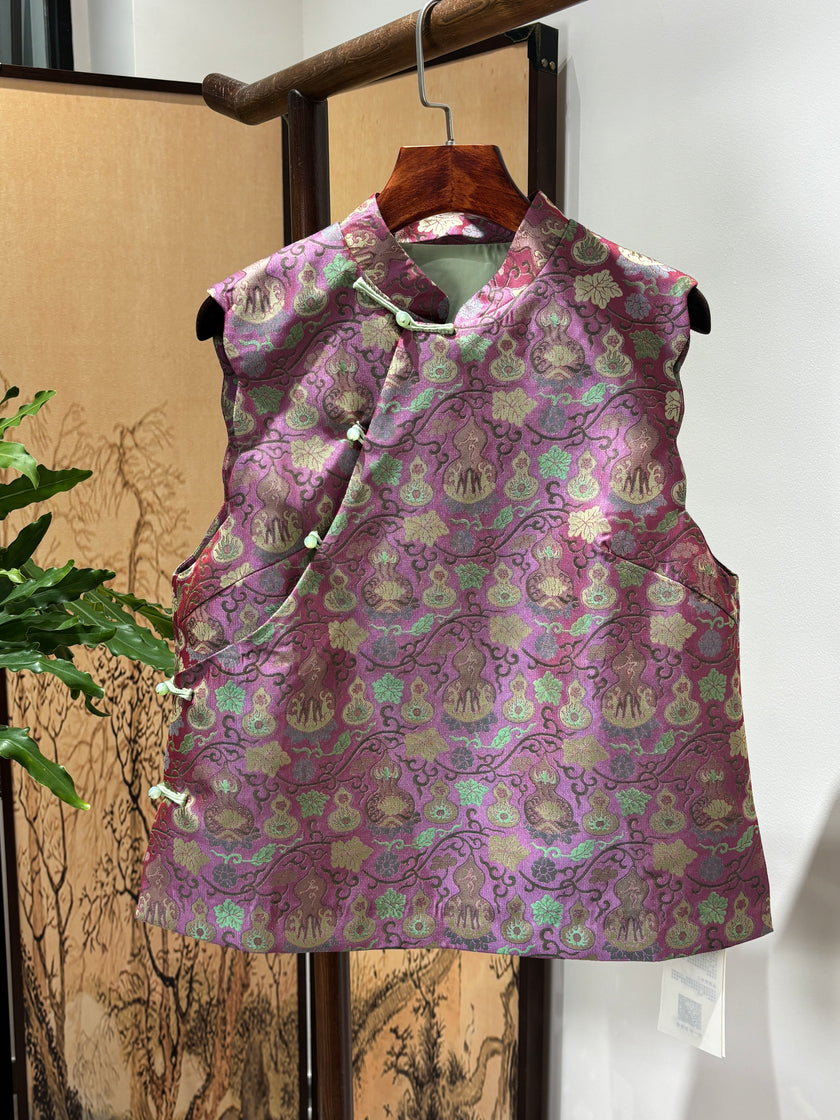 Purple Gourd-Pattern Rayon Song Brocade Vest | Luxe Orienta Modern Chinese Luxury Vest - Luxe Orienta CO., LIMITED
