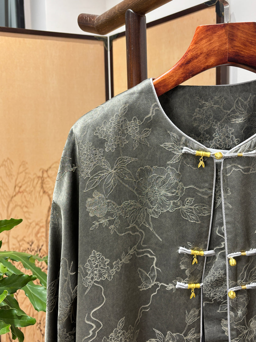 Charcoal Grey Jacquard Front-Closure Jacket | Luxe Orienta Modern Chinese Luxury Outerwear - Luxe Orienta CO., LIMITED