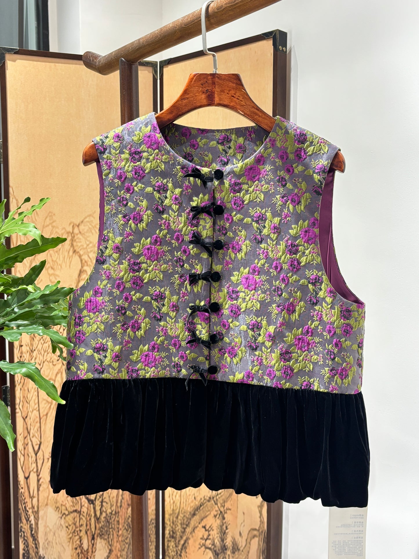 Purple Floral Velvet Patchwork Vest | Luxe Orienta Modern Chinese Vest