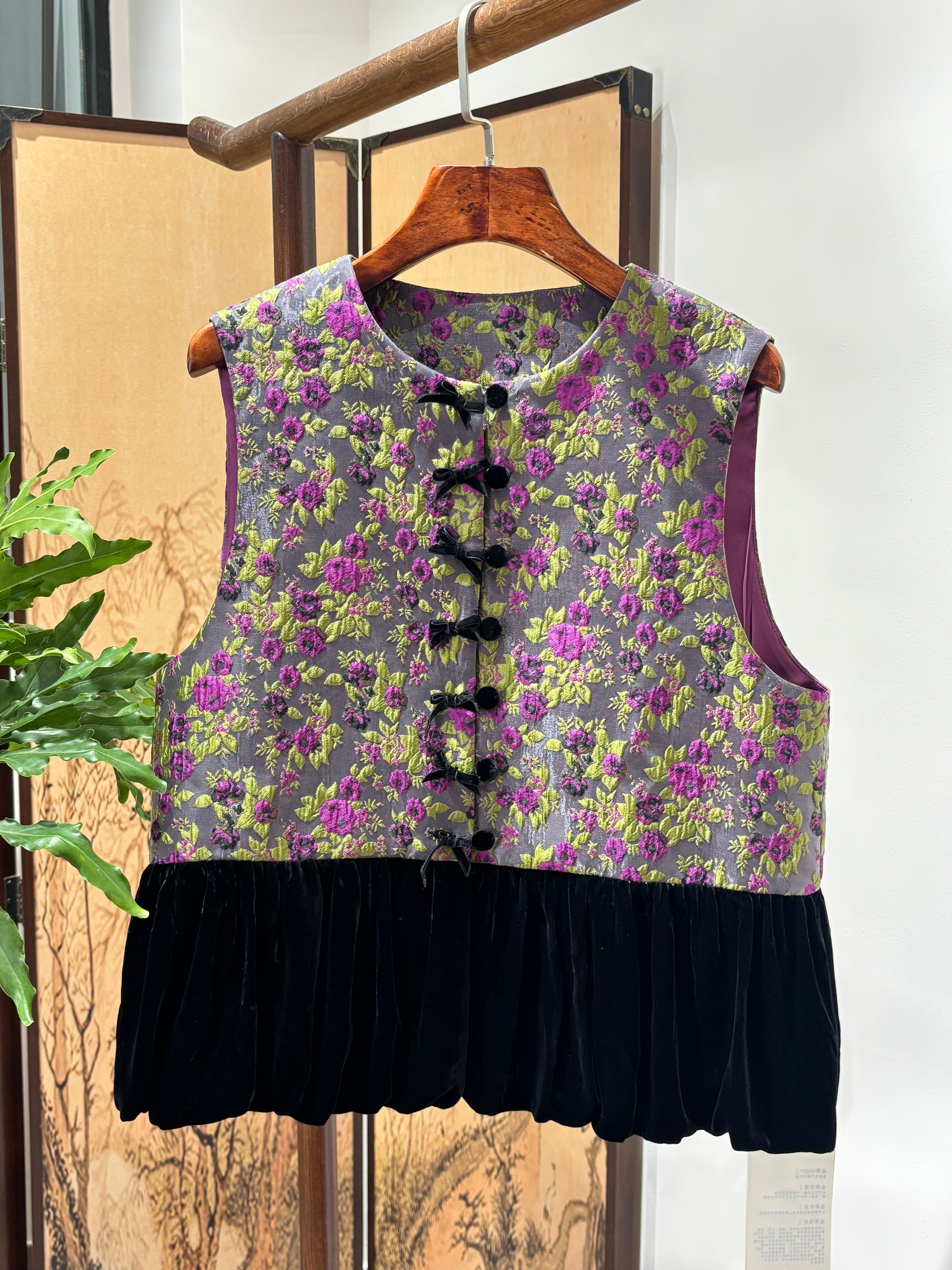 Purple Floral Velvet Patchwork Vest | Luxe Orienta Modern Chinese Vest - Luxe Orienta CO., LIMITED