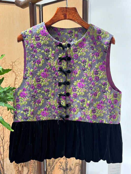 Purple Floral Velvet Patchwork Vest | Luxe Orienta Modern Chinese Vest