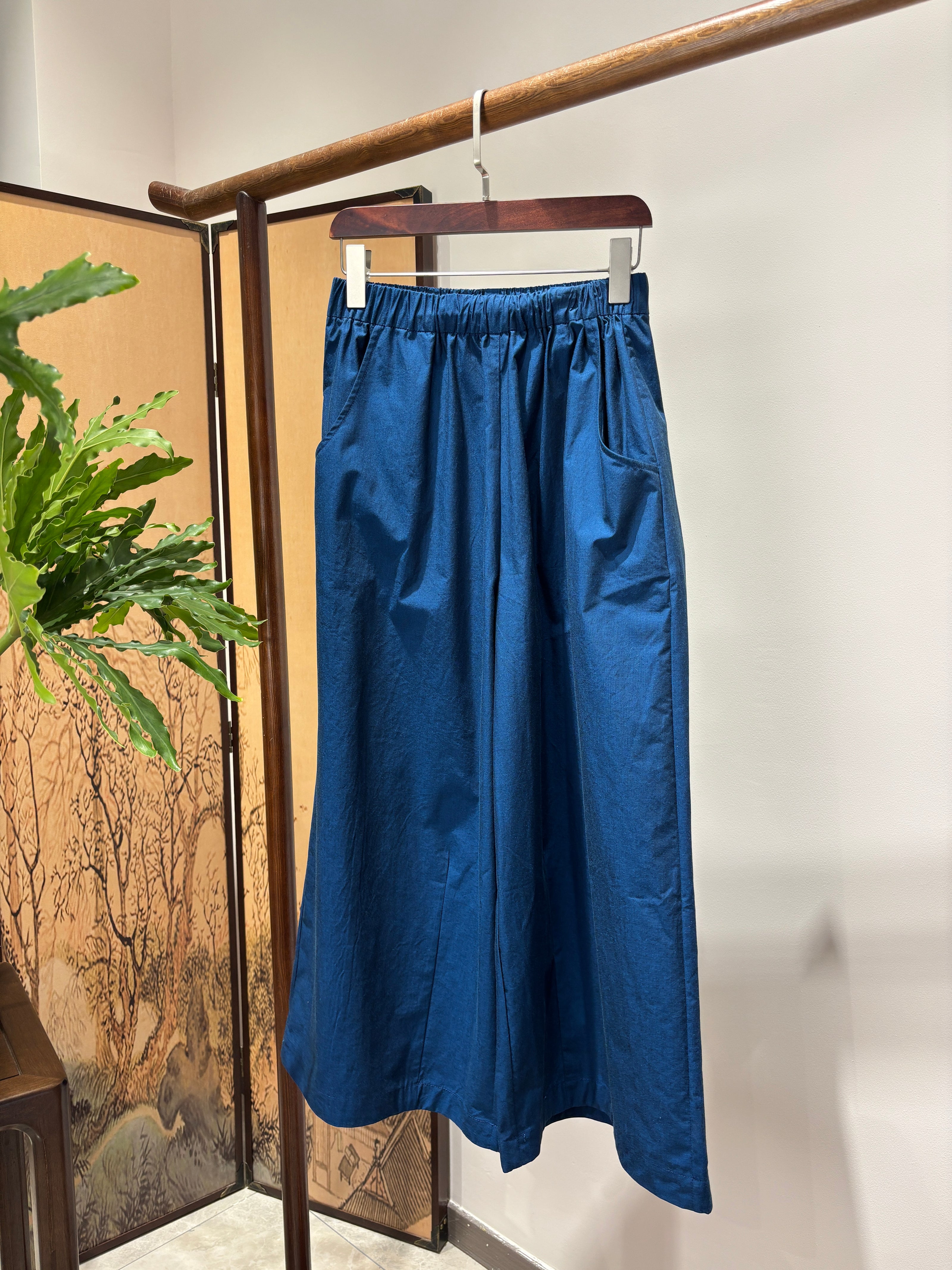 Blue Cotton Wide-Leg Pants | Luxe Orienta Modern Chinese Casual Elegance - Luxe Orienta CO., LIMITED