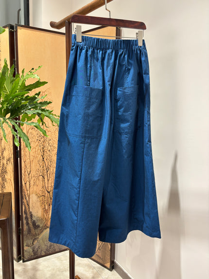 Blue Cotton Wide-Leg Pants | Luxe Orienta Modern Chinese Casual Elegance - Luxe Orienta CO., LIMITED