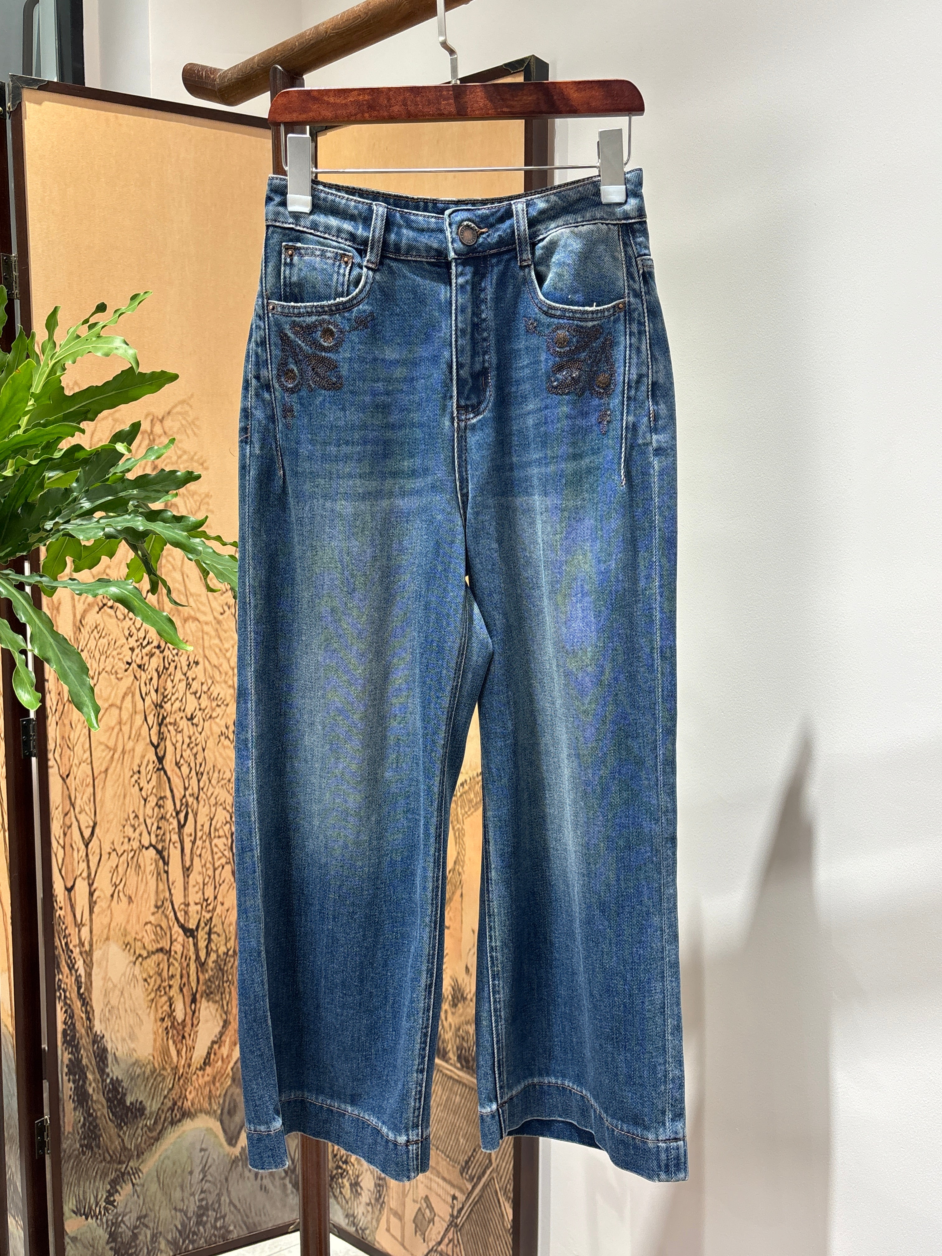 Blue Embroidered Cropped Jeans | Luxe Orienta Modern Chinese Denim - Luxe Orienta CO., LIMITED