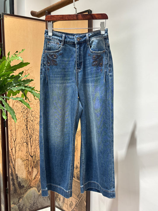 Blue Embroidered Cropped Jeans | Luxe Orienta Modern Chinese Denim
