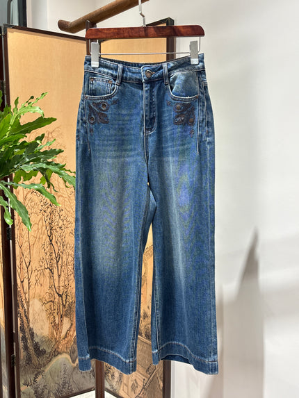 Blue Embroidered Cropped Jeans | Luxe Orienta Modern Chinese Denim - Luxe Orienta CO., LIMITED