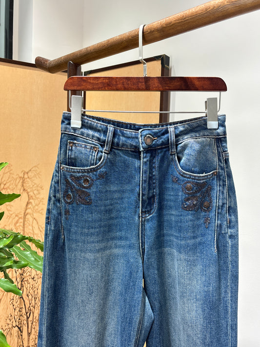 Blue Embroidered Cropped Jeans | Luxe Orienta Modern Chinese Denim
