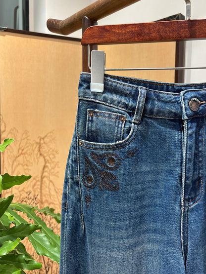 Blue Embroidered Cropped Jeans | Luxe Orienta Modern Chinese Denim