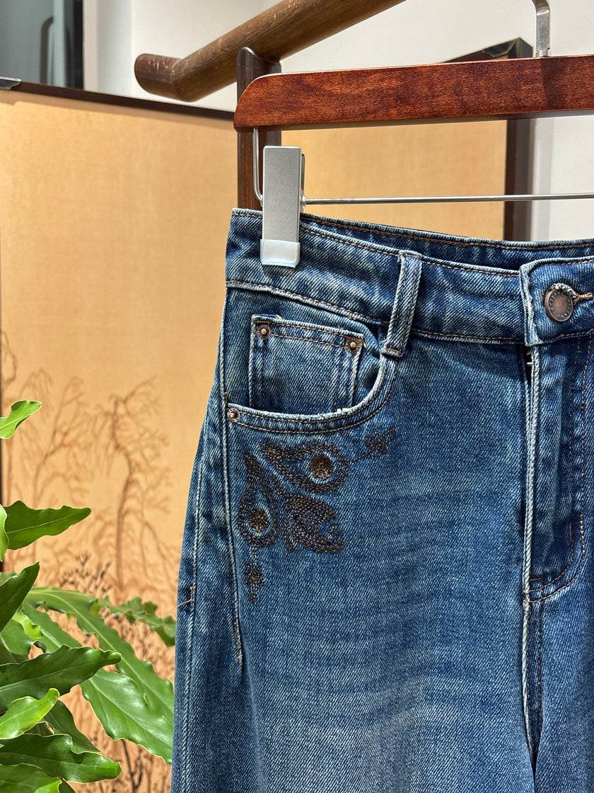 Blue Embroidered Cropped Jeans | Luxe Orienta Modern Chinese Denim - Luxe Orienta CO., LIMITED