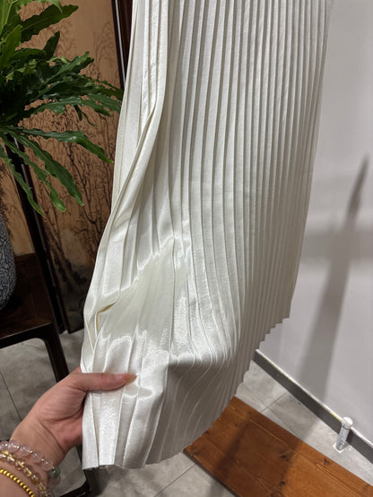 White Pleated Rayon Midi Skirt | Luxe Orienta Modern Chinese Elegant Skirt