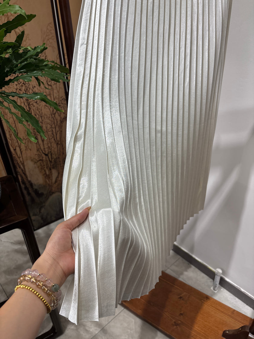 White Pleated Rayon Midi Skirt | Luxe Orienta Modern Chinese Elegant Skirt - Luxe Orienta CO., LIMITED
