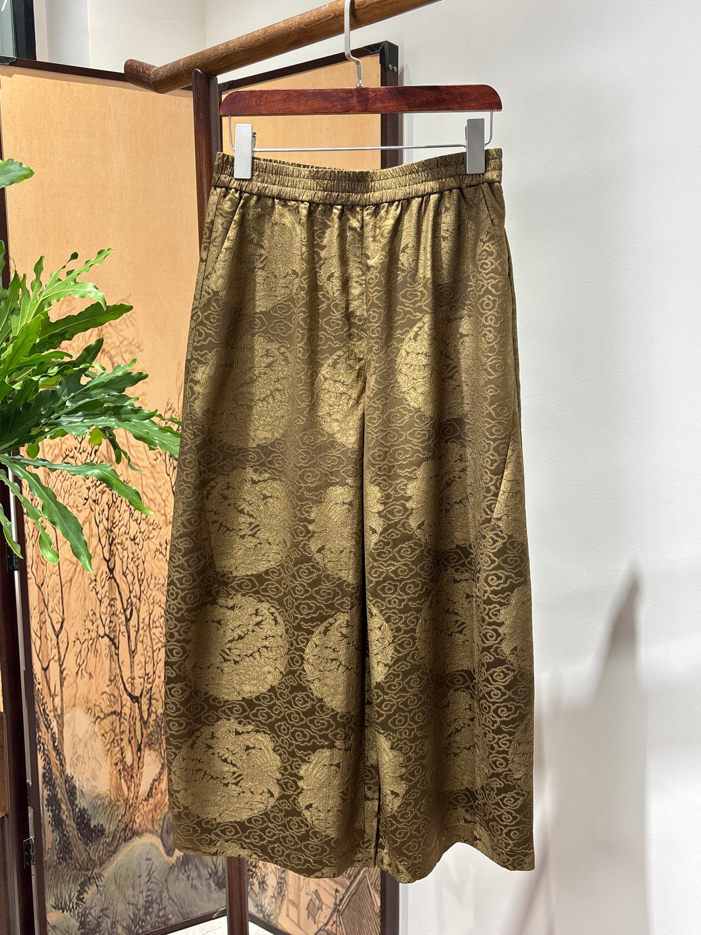 Yellow Printed Acetate Cropped Pants | Luxe Orienta Modern Chinese Elegance