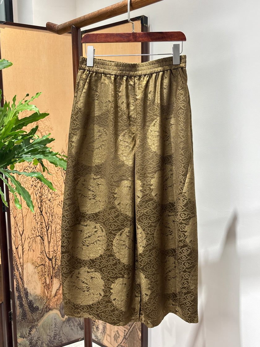 Yellow Printed Acetate Cropped Pants | Luxe Orienta Modern Chinese Elegance - Luxe Orienta CO., LIMITED