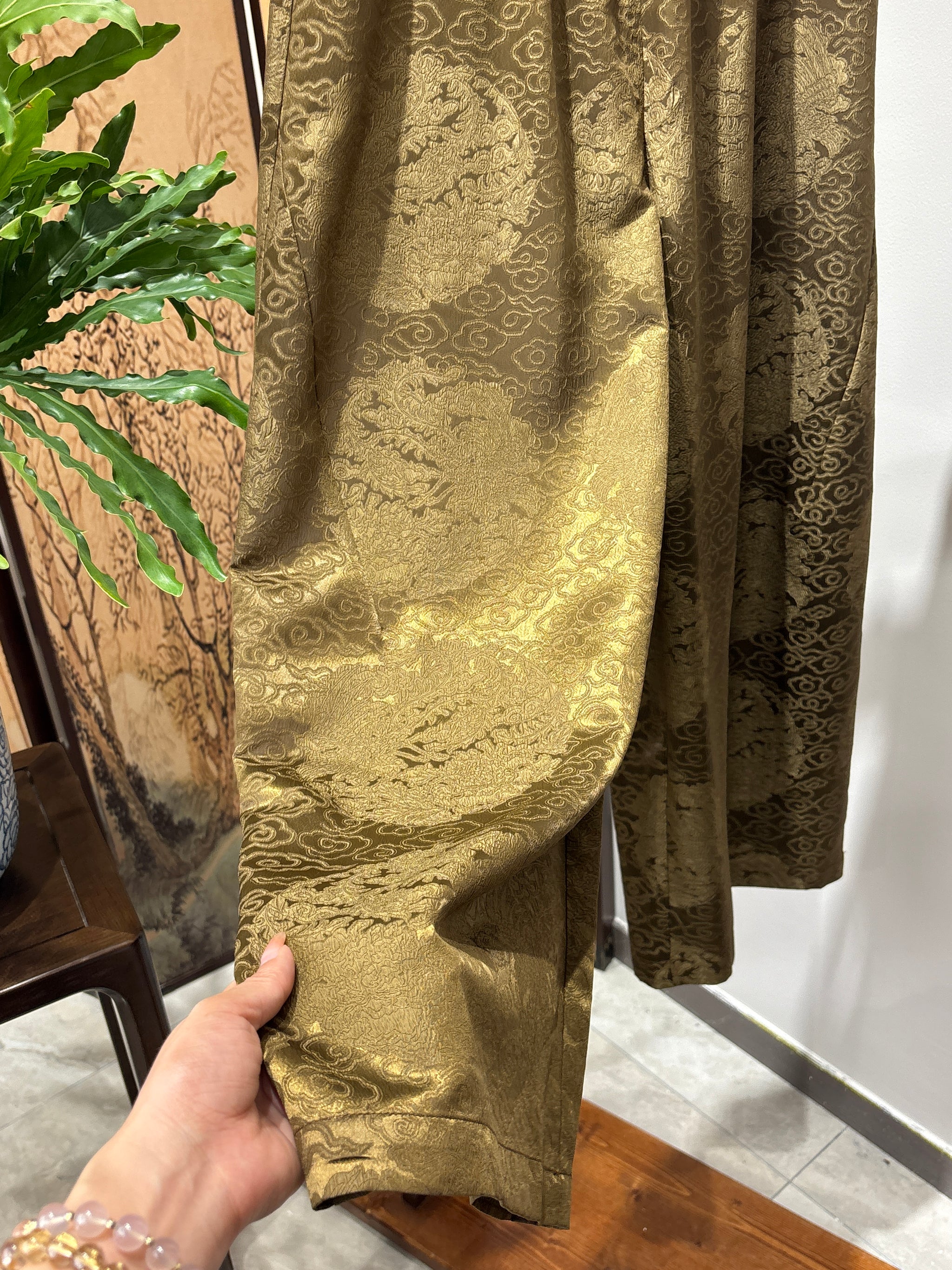 Yellow Printed Acetate Cropped Pants | Luxe Orienta Modern Chinese Elegance - Luxe Orienta CO., LIMITED