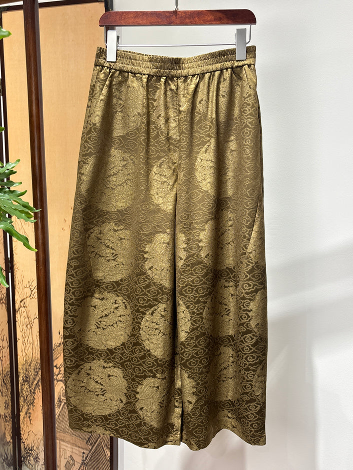 Yellow Printed Acetate Cropped Pants | Luxe Orienta Modern Chinese Elegance - Luxe Orienta CO., LIMITED