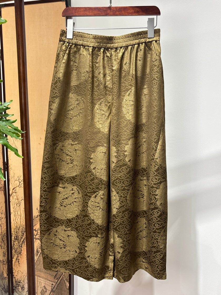 Yellow Printed Acetate Cropped Pants | Luxe Orienta Modern Chinese Elegance - Luxe Orienta CO., LIMITED
